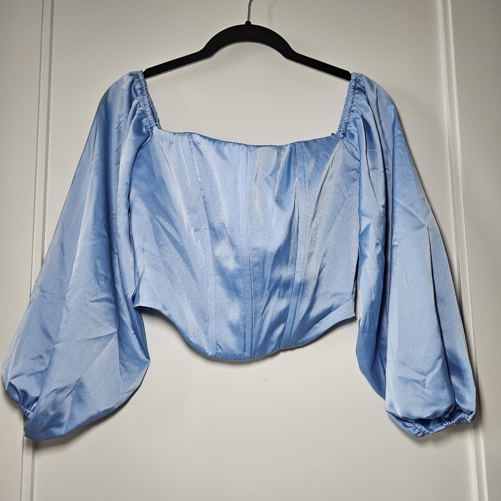 Wayf Blue Satin Corset Top Bustier Long Sleeve Size Small